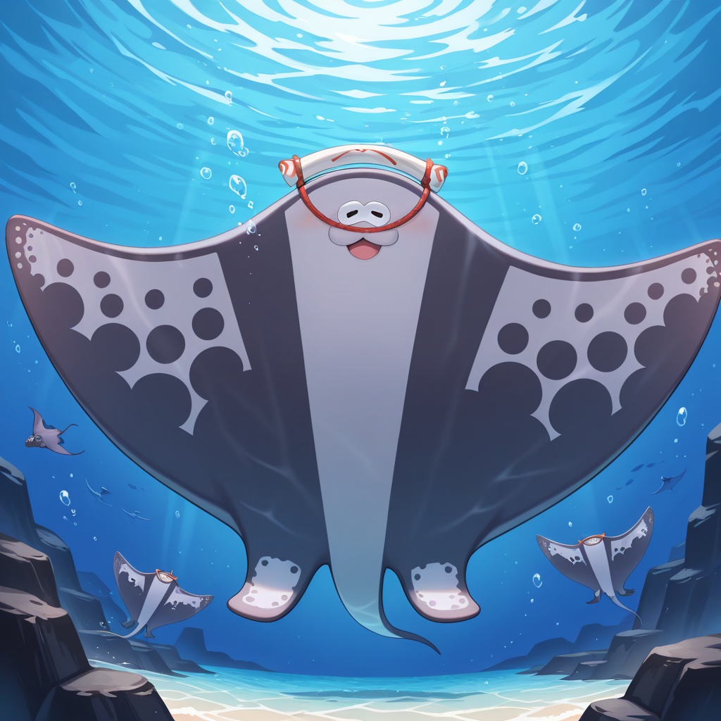 masterpiece, best quality, newest, absurdres, highres, safe, <lora:Big_Man_Splatoon_-_IL:0.80> big man, manta ray, dark grey and light grey body, fins, headwear, cute face, :3, swimming in the ocean, swimming, underwater background, looking at viewer, detailed background,  (((shaded))), ((detailed)), ((vibrant)), <lora:NOOB_EPSv1_1_detailer_by_vlnvk_v1_0:1>
