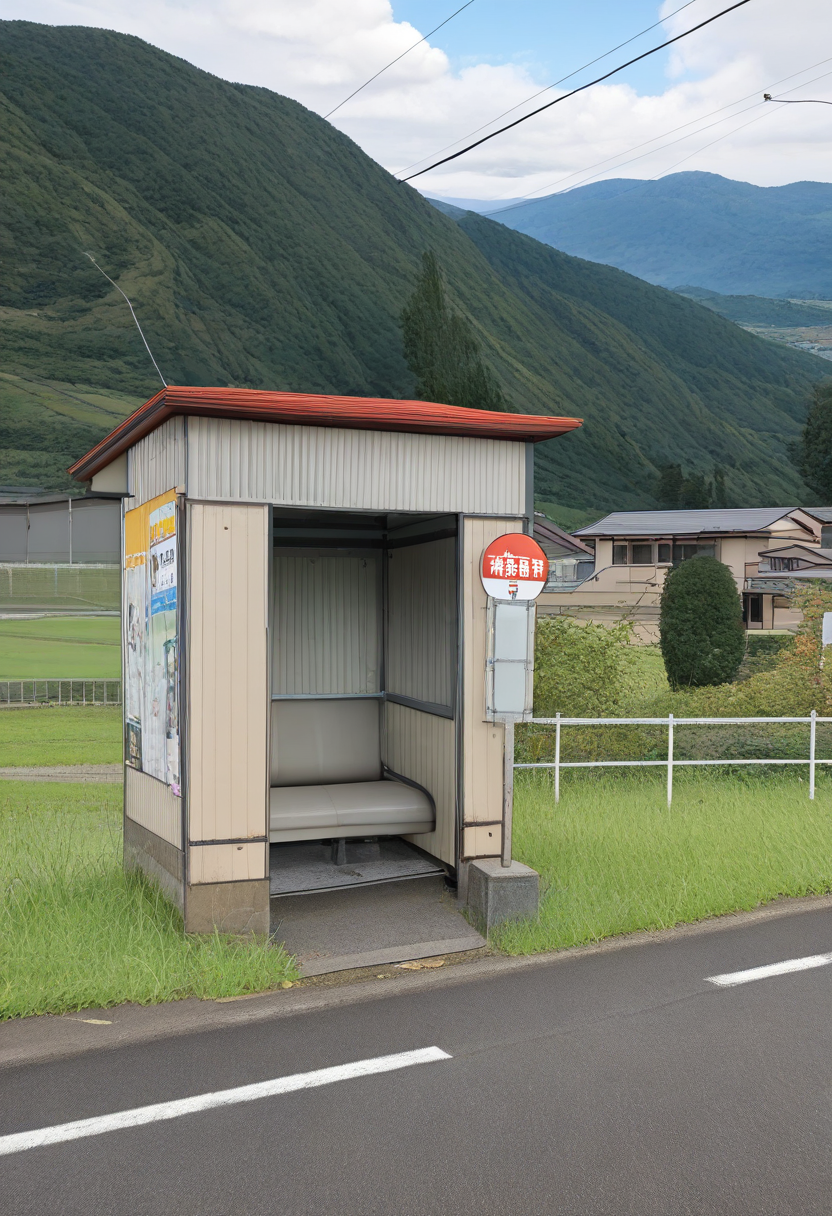 basutei, bus stop, no humans, scenery, grass, outdoors, rural, tree, sky, sign, utility pole, mountain, power lines, day, real world location, building, road, house, cloud, landscape, poster (object), mountainous horizon, fence, hill, photo background, bush, japan, field, nature
masterpiece, best quality, amazing quality, very aesthetic, absurdres, newest,
 <lora:sc_bustei_illustrious_V1L:1>
