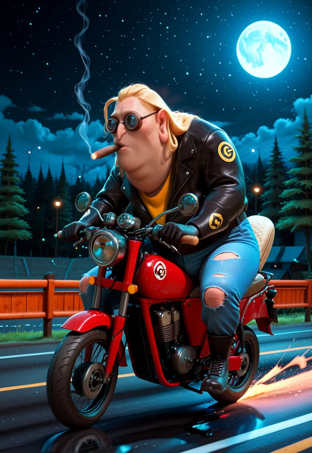 masterpiece, best quality absurdres, newest, high detail, cinematic, solo, 1boy, Nefario, maddoc, ggls, lbtc, fat, (long blonde hair:1.2), riding motorcycle, Scout Bobber, black leather jacket, blue jeans, ripped jeans, combat boots, smoking cigar, night, open road background, detailed background moon, motion lines, speeding, biker, 