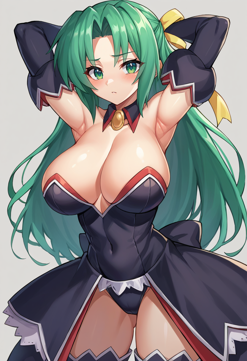 score_9, score_8_up, score_7_up, 1girl, solo, source_anime  BREAK  sonozaki shion, green hair, long hair, green eyes, yellow ribbon, detached collar, detached sleeves, black dress, black thighhighs, arms up, armpits,   <lora:SHionAdapt0.5 15-000010:1>