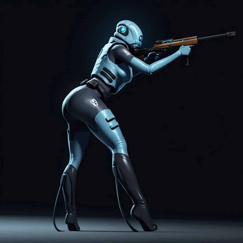 Blue_Eye, Combine_Assassin, a woman in a futuristic suit holding a gun, sensitive, 1girl, solo, holding, weapon, boots, high heels, gun, bodysuit, helmet, rifle, science fiction, aiming