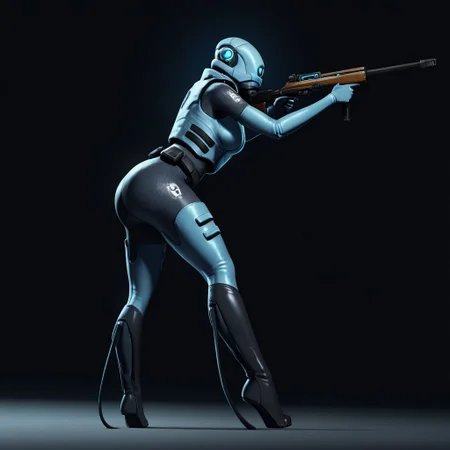Blue_Eye, Combine_Assassin, a woman in a futuristic suit holding a gun, sensitive, 1girl, solo, holding, weapon, boots, high heels, gun, bodysuit, helmet, rifle, science fiction, aiming