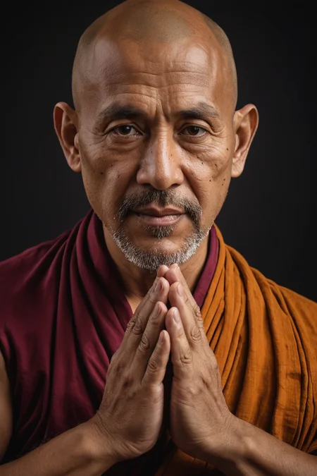 half body photo of monk 52 y.o man,namaste hands,8k uhd,high quality,dramatic,cinematic