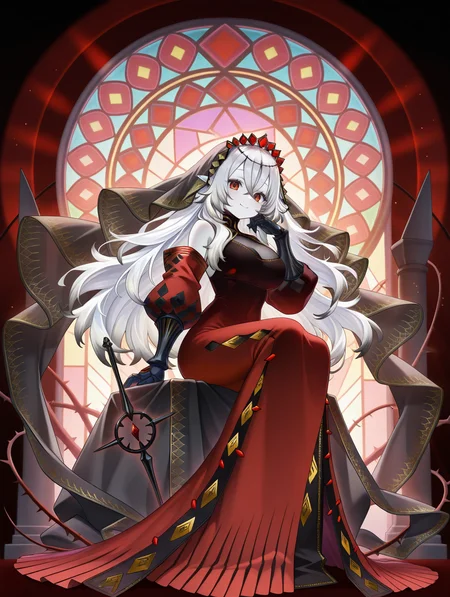 1girl,solo,chibi,transparent background,smile,full body,sitting,white skin,looking at viewer,large breasts,closed mouth,rapier,blazing cartesia the virtuous,black gauntlets,red dress,red detached sleeves,thorns,black bridal veil,stained glass,
masterpiece,best quality,amazing quality,very aesthetic,absurdres,newest,<lora:blazing cartesia the virtuous illuXL v1.2:0.8>,