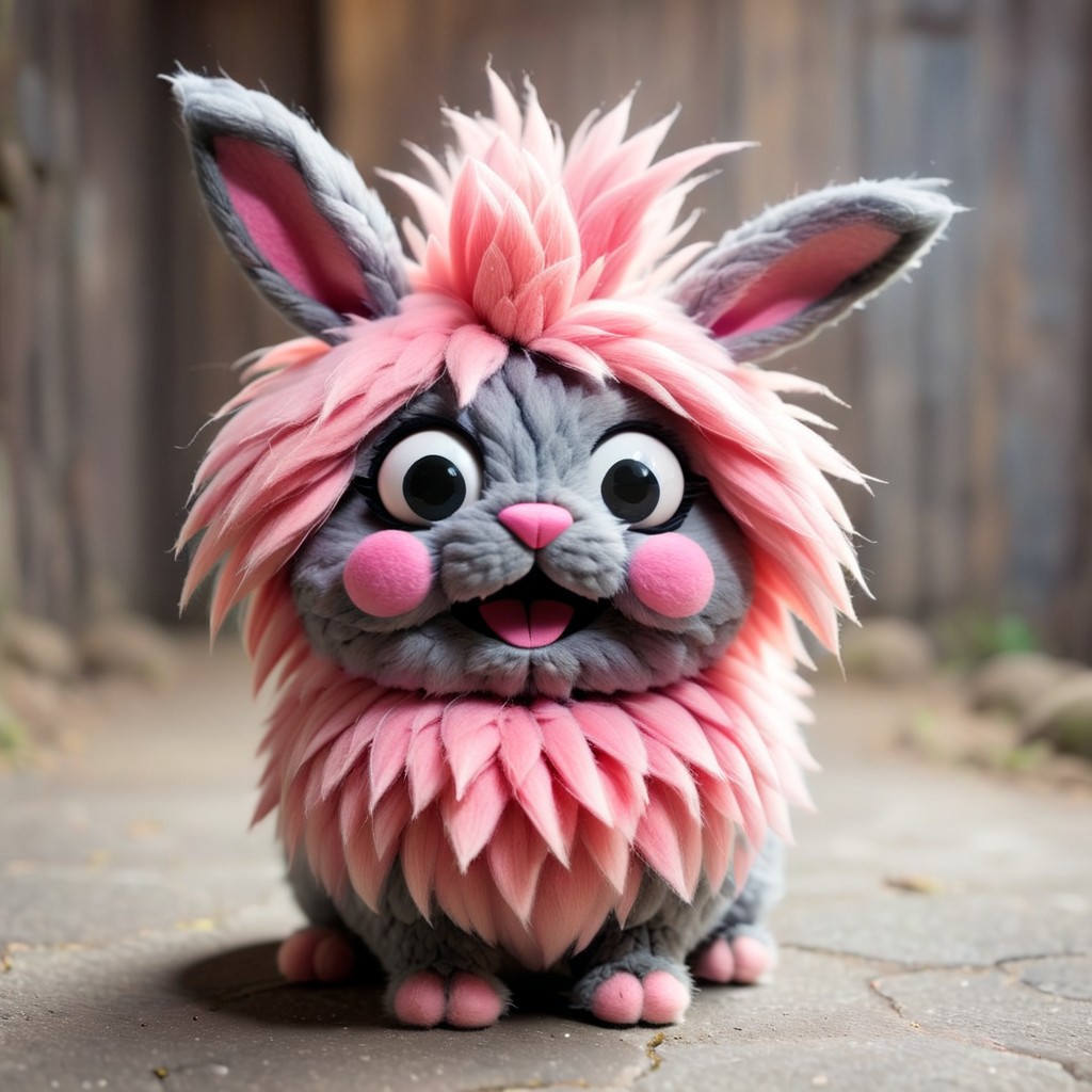 source_anime, Cute wonderful creatures, World Morph Felt, Microphotography, chibi, a cute  fluffy rabbit,pink and grey,  in the style of alexander-jansson, ispzxll, In a felt puppet world style