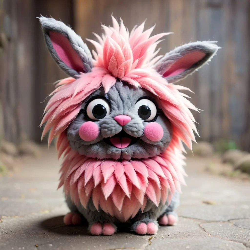 source_anime, Cute wonderful creatures, World Morph Felt, Microphotography, chibi, a cute fluffy rabbit,pink and grey, in the style of alexander-jansson, ispzxll, In a felt puppet world style