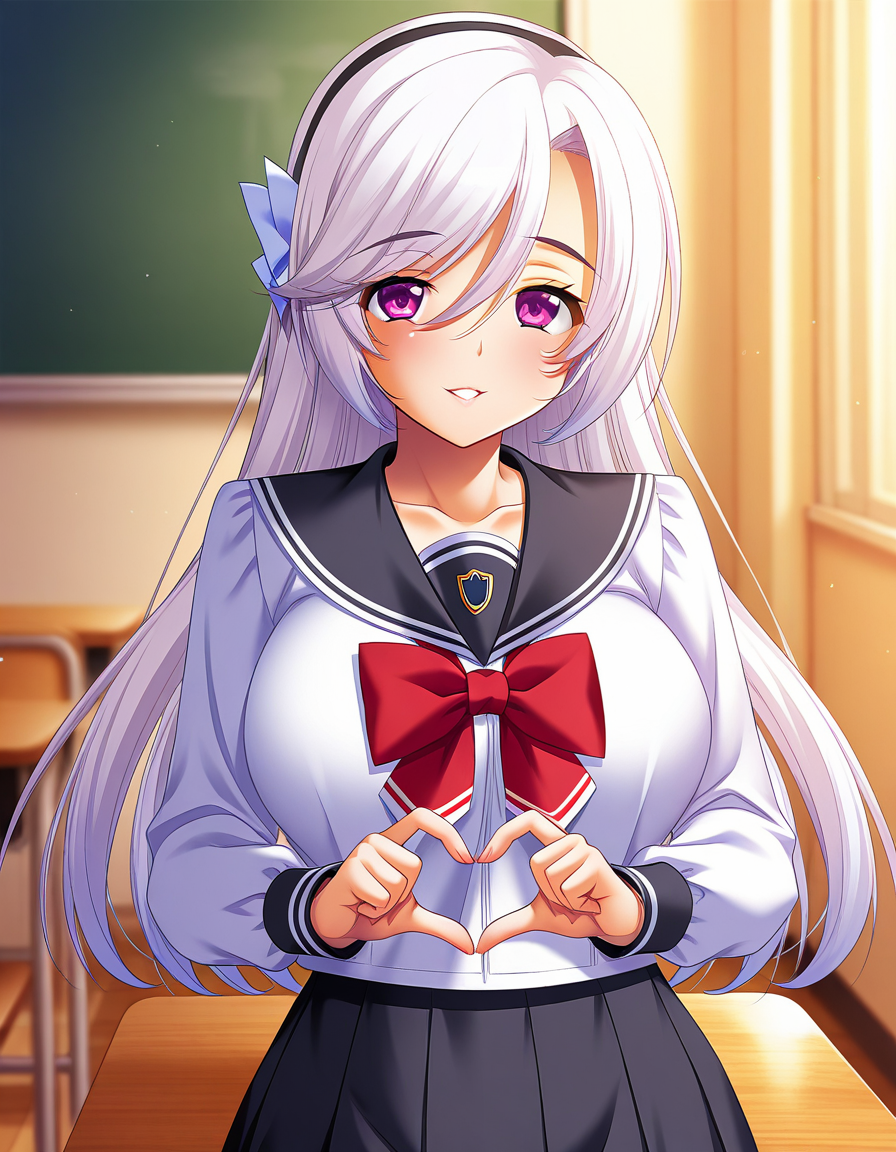 masterpiece, best quality, amazing quality, very aesthetic, high definition, official art, ultra detailed,
1girl, solo, watase_nagisa, purple eyes, long hair, hairband, white hair, , hair between eyes, white hair ornament, large breasts BREAK
school uniform, sailor collar, black sailor collar, red bow, pantyhose, pleated skirt,  black skirt, blush, smile, parted lips, looking at viewer, standing, pinup, heart hands, in classroom, sharp focus, depth of field, highly detailed<lora:watase nagisa v1.00-000016:1>