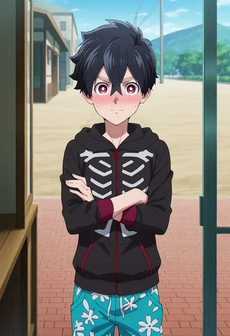masterpiece, best quality, , anime screencap, anime coloring, , looking at viewer, 1boy, solo, male focus, <lora:kabane_kusaka_ilxl:0.94>, kabane_kusaka, black hair, red eyes, short hair, hair between eyes, kusaka kabane, hoodie, straight-on, sahara desert, day, crossed arms, embarrassed, nose blush, Paisley Lilac Cargo pants with zip-off legs, Corduroy jacket, , ,