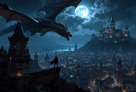 A large medieval fantasy city, night, the moon is shining brightly, glare from the moon, a castle with fortresses on a hill, a huge and detailed house-of-the-dragon-style dragon flies over the city MythP0rt
<lora:FredFraiStyle-FLUX-Share:0.5> <lora:FluxMythP0rtr4itStyle:0.7> <lora:dark_fantasy_flux:0.9>
