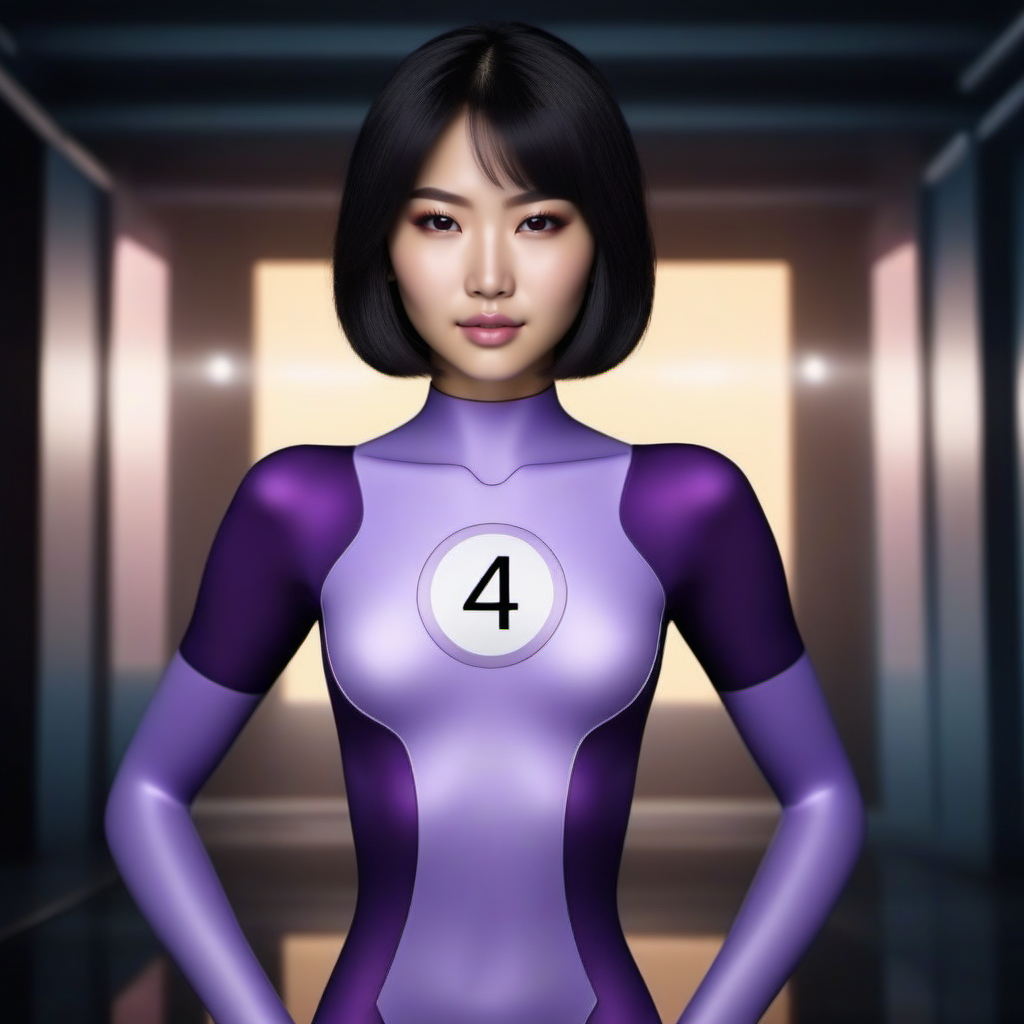 cinematic photo DupliKate1024, a full body  asian woman wears a purple bodysuit, (((text ''4''))) of the chest  <lora:DupliKate1024:0.9> . 35mm photograph, film, bokeh, professional, 4k, highly detailed