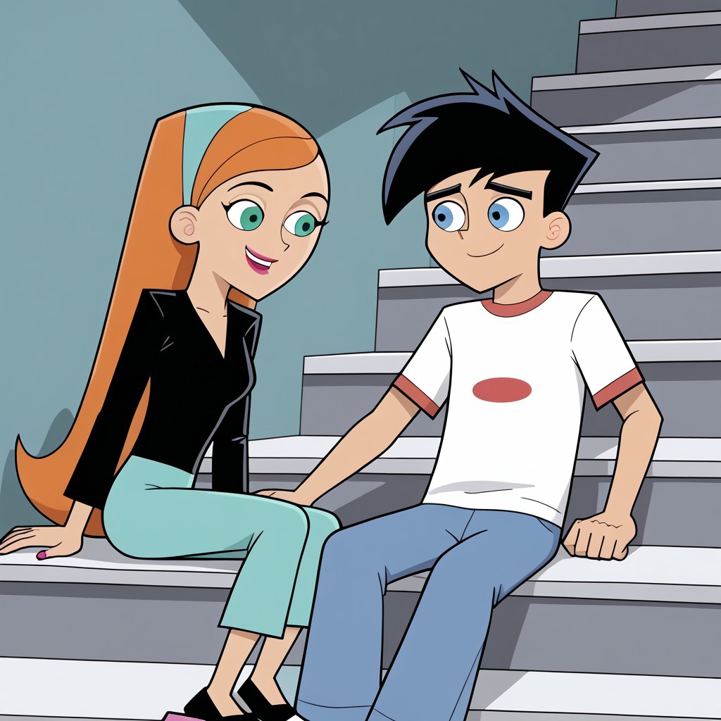 best quality, masterpiece, break, danjaz, (1boy, danny), (1girl, jazz), siblings, sitting, stairs, looking at another