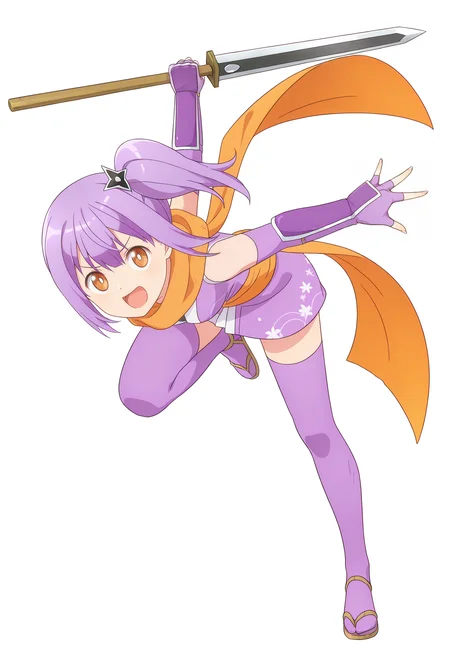 <lora:Kusagakure_Satoko_Illustrious-000055:1>,
Kusagakure Satoko,purple thighhighs,purple gloves,orange scarf,fingerless gloves,japanese clothes,
solo,smile,looking at viewer,open mouth,long hair,simple_background,white_background,full body,weapon,fighting stance,v-shaped eyebrows,one leg up,dynamic_angle,dutch angle