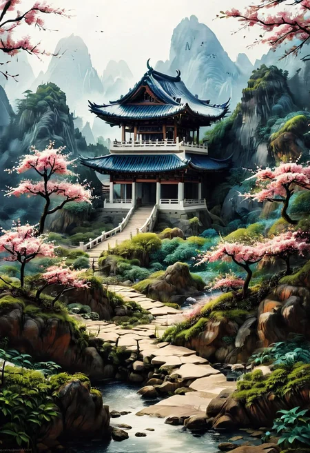An asian House and Sakura garden made of blue and white porcelain, asian landscape in the background, SimpleNegativeV3,zavy-chnsdrgn, masterpiece, award winning, very detailed, porcellana style