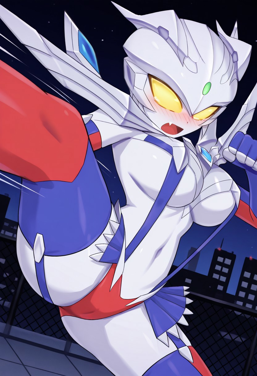 official art, detailed anime, ultra detailed anime art, anime screencap, screencap, score 9, score 8 up, score 7 up, masterpiece, anime coloring, source anime, 
BREAK
UltraGirlZero, 1girl, solo, perfect female body, large breasts, helmet, glowing eyes, yellow eyes, no pupils, yellow sclera, green jewel forehead, thighhighs, navel, genderswap \(mtf\), tokusatsu, alien, visible fang, colored skin, silver skin, ((metallic skin)), red and blue elbow gloves, chest armor, revealing clothes, blue suspenders, underboob, ((covered nipples:0.9)), navel, toned belly, micro skirt, blue garter straps, red mini panties, cameltoe, blue and red thigh-high boots, high heels, weapon at right arm, very long metallic ribbons at shoulders, shiny skin, smoothy skin, 
BREAK
cowboy shot, standing, ((kicking, kicking at viewer)),, <lora:KickingAtViewer_XLPD:1>, looking at viewer, motion lines, motion blur, city, night, rooftop, detailed background,