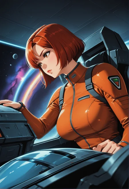 masterpiece, best quality, good quality, very aesthetic, absurdres, newest, 8K, depth of field, focused subject, dynamic angle, A bored 1girl is sitting in the cockpit of a fighter spaceship. The 1girl is wearing a scifi flight suit with orange pilot overalls. A stunning nebula and some asteroids can be seen outside. dramatic, cinematic, sci-fi, illustration, retro,
<lora:ck-70s-scifi-IL:1>