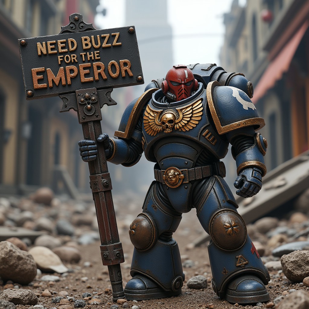 space marine holding sign "Need buzz for the emperor", ruined city, destroyed buildings, debris
