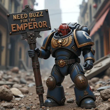 space marine holding sign "Need buzz for the emperor", ruined city, destroyed buildings, debris