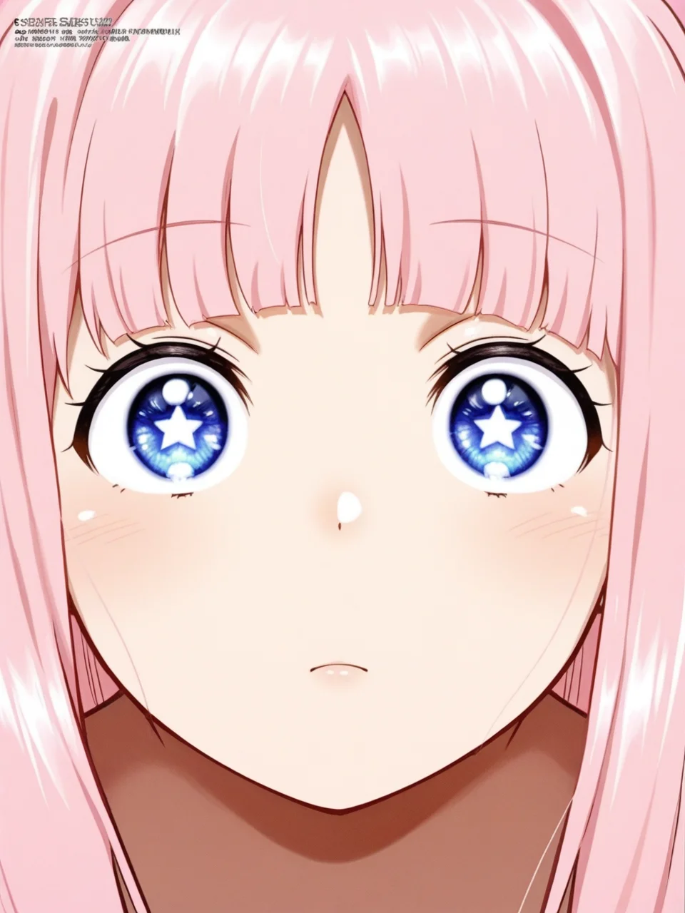 shiny skin, oily skin,megami magazine,  simple backgrounds,   <lora:issyousenkin_hongou_hina:1> issyousenkin_hongou_hina, 1girl, long hair, blunt bangs, sidelocks, star shaped pupils,pink hair,