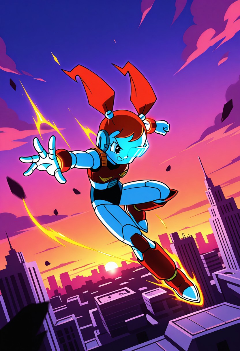 Jenny Wakeman, XJ-9, female, 1girl, solo, robot girl, red pigtails, Saiyan battle armor with flame decals, glowing red energy aura, scouter visor, wrist power gauge, dynamic flying pose, spiked red hair streaks, destroyed cityscape, floating debris, cratered battlefield, sunset sky, hyper-detailed, anime style, Akira Toriyama influence, vibrant colors, motion blur, intense shading