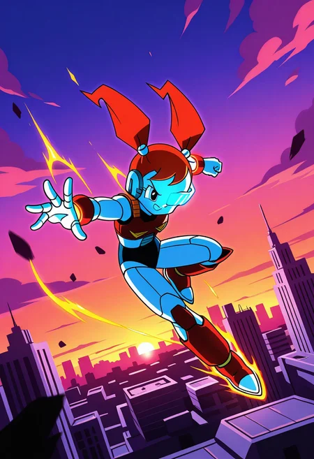 Jenny Wakeman, XJ-9, female, 1girl, solo, robot girl, red pigtails, Saiyan battle armor with flame decals, glowing red energy aura, scouter visor, wrist power gauge, dynamic flying pose, spiked red hair streaks, destroyed cityscape, floating debris, cratered battlefield, sunset sky, hyper-detailed, anime style, Akira Toriyama influence, vibrant colors, motion blur, intense shading