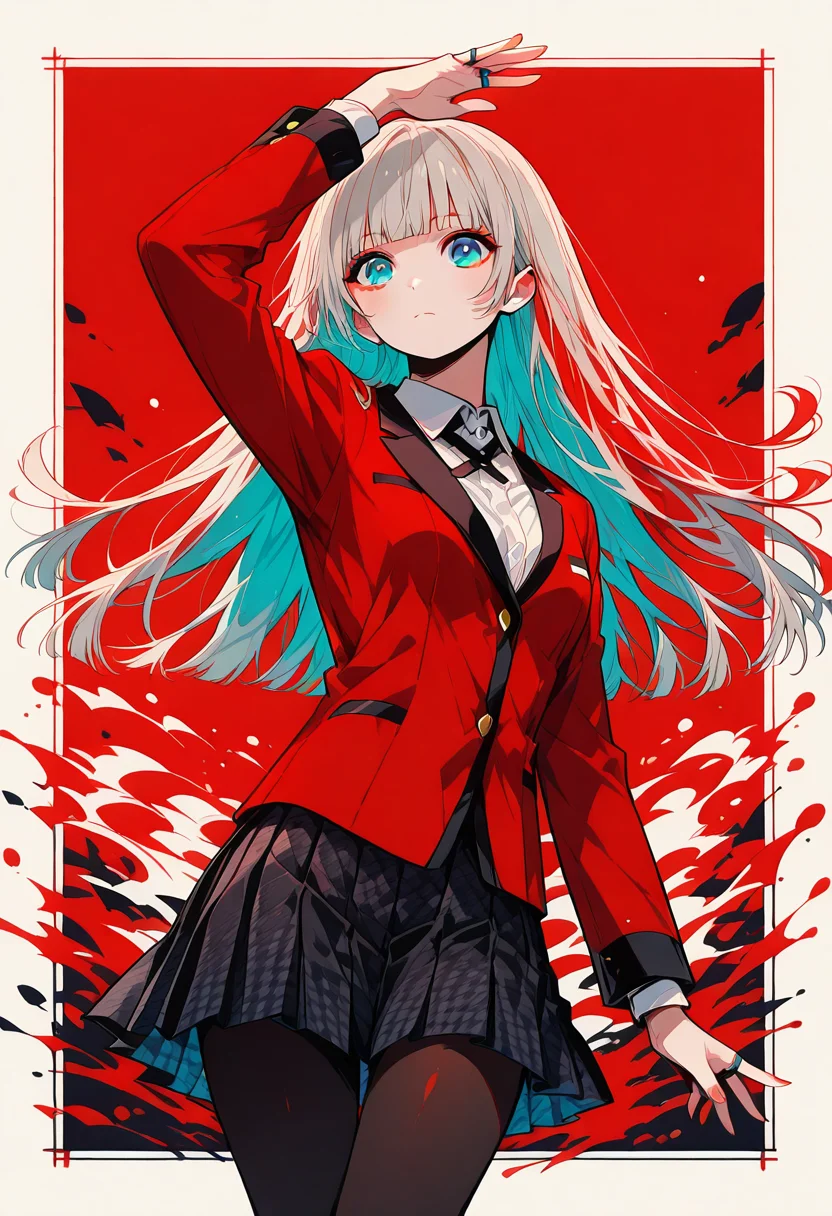 masterpiece, high quality, highres, flat colors, gradient, retro colors, sketch, ink splash, rings, abstract, dynamic angle, cinematic, neo_pop, red theme
1girl, solo, r1rika, long hair, grey hair, blunt bangs, hime cut, blue eyes
red jacket, blazer, long sleeves, white shirt, collared shirt, cross tie, black skirt, pleated skirt, houndstooth, black pantyhose
dynamic pose, posing, outside border
<lora:add-detail-xl:1.10> <lora:Neo-Pop_Illustrious:1> <lora:kakegurui_ririkamomobami_illustriousXL:1>