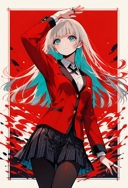 masterpiece, high quality, highres, flat colors, gradient, retro colors, sketch, ink splash, rings, abstract, dynamic angle, cinematic, neo_pop, red theme
1girl, solo, r1rika, long hair, grey hair, blunt bangs, hime cut, blue eyes
red jacket, blazer, long sleeves, white shirt, collared shirt, cross tie, black skirt, pleated skirt, houndstooth, black pantyhose
dynamic pose, posing, outside border
<lora:add-detail-xl:1.10> <lora:Neo-Pop_Illustrious:1> <lora:kakegurui_ririkamomobami_illustriousXL:1>