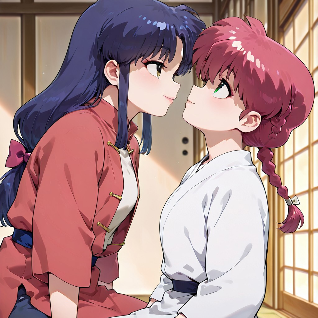 masterpiece,best quality,amazing quality,very aesthetic,absurdres,newest, huge filesize,
<lora:spo_sdxl_10ep_4k-data_lora_webui:0.5>,
<lora:add-detail-xl:1>
1girl ranma, long_hair,red_hair, braided_ponytail, green eyes, sitting female,
1girl akane, low-tied_long_hair, sidelocks, blue_hair, hair_bow,  brown_eyes
 (from side,side view), seductive smile, 
open clothes,  looking each other, looking up, focus on face, head at center of frame