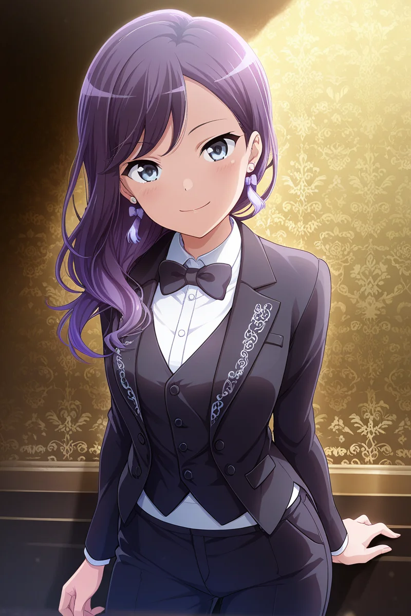 masterpiece, best quality, amazing quality,
<lora:Koharu_IL:1> koharu, 1girl, solo, long hair, bow, bowtie, formal, pants, looking at viewer, suit, blue eyes, jewelry, smile, purple hair, earrings