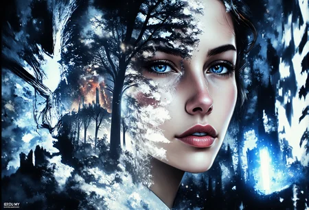aidmaMJ6.1, darkcore, Jeddblexpsre,double exposure, ethereal. A close-up shot of a breathtaking young womanâs face, where her facial features are softly blended with an ethereal overlay of a misty winter forest . Her piercing blue eyes and delicate skin textures are visible through the translucent silhouette of the forest, creating a dreamy, surreal double exposure effect. The icy crystals on the hood of her light blue medieval cloak merge harmoniously with the natural elements. The soft lighting highlights both the woman and the superimposed scene, while shadows and highlights enhance the depth, giving the composition a balanced, thought-provoking appearance., <lora:FluxDFaeTasticDetails.safetensors:1.0:1.0> <lora:aidmaMJ6.1-FLUX-V0.2.safetensors:1.0:1.0> <lora:Flux DoubleExposure_epoch_1.safetensors:1.0:1.0> <lora:NebulaNexus_v1.safetensors:0.7000000000000001:0.7000000000000001>