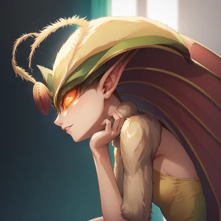 score_9, score_8_up, score_7_up, score_6_up, source_anime, best quality, masterpiece, colorful, very aesthetic, anime, BREAK <lora:Rosine:1> 1girl, rosine, antennae, green insect wings coming from head, orange sclera, colored sclera, no pupils, fur on upper body, kentaro miura style, arm on face, front view, looking at viewer, convenient censoring, naked, covering breasts, hand on face
