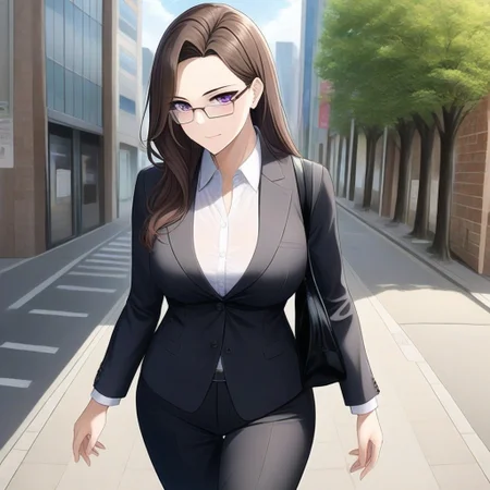 masterpiece, best quality, very awa, NAI A1, 1female, mature, solo, long hair, purple eyes, brown hair, glasses, office suit, black bag, walking, day, street, cowboy shot,, <lora:739660ee-9342-460d-ab86-8582aa7205dd:0.8>, <lora:695faa7b-b910-4389-bdb8-58c193c9f244:0.2>