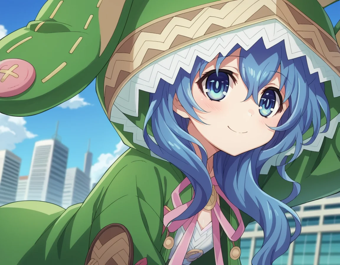 score_9, score_8_up, score_7_up, source_anime,
dalyoshino, <lora:dal-yoshino-s2-ponyxl-lora-nochekaiser:1>,
yoshino astral dress, long hair, blue eyes, ribbon, animal ears, hair between eyes, blue hair, hood, rabbit ears, coat, hood up, animal hood, rabbit hood, green coat,
outdoors, cityscape,, bent over, smile,
looking at viewer, cowboy shot, dutch angle,