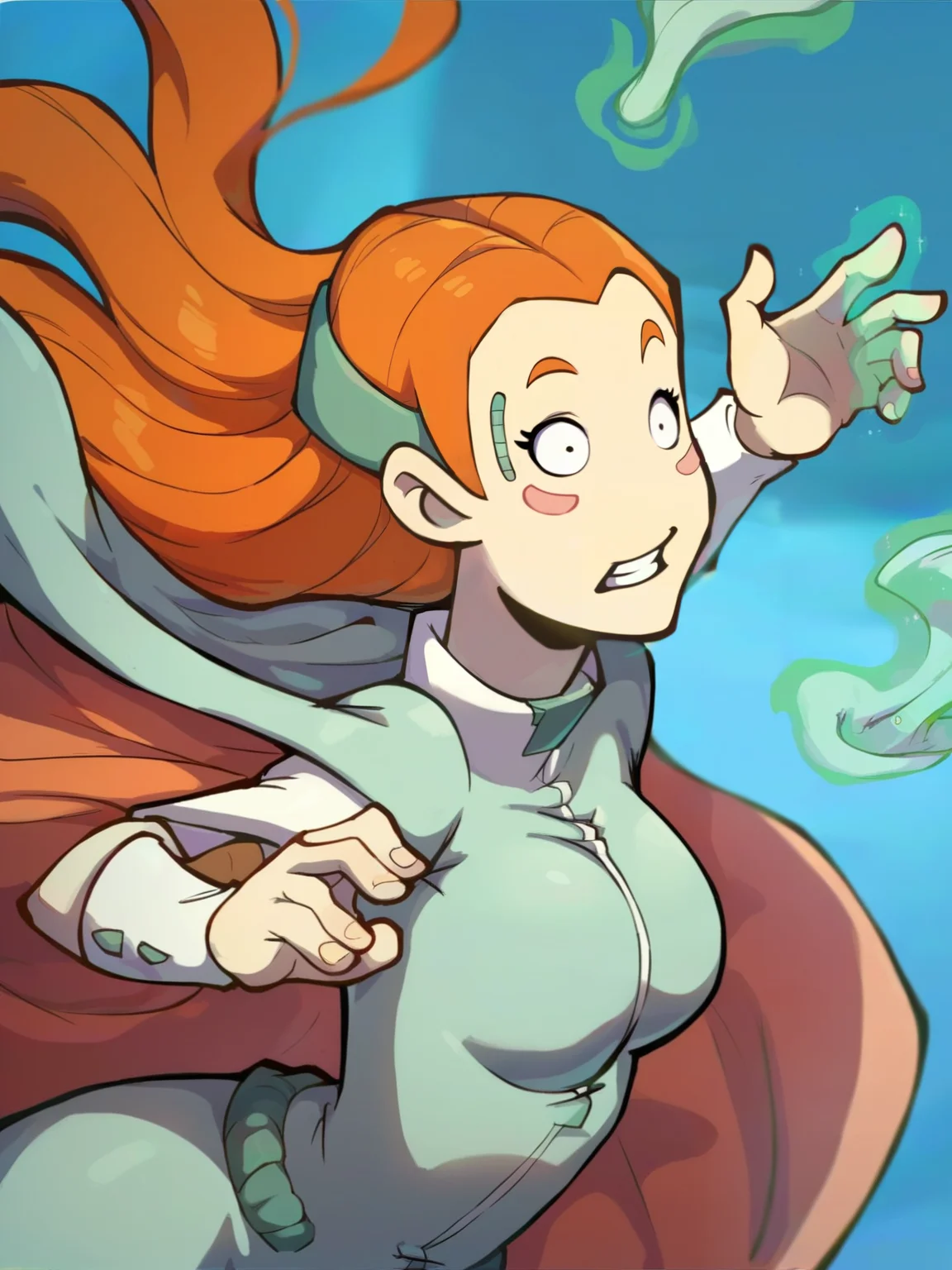 <lora:Goal:0.9> g_al, 1girl, noseless, pale skin, straight waist-length bright orange hair, wide eyes, long eyelashes, pink blush patches on cheeks, green headband,   mage, magic, epic pose, magic robe, score_9, score_8_up, score_7_up,