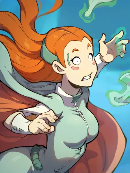 <lora:Goal:0.9> g_al, 1girl, noseless, pale skin, straight waist-length bright orange hair, wide eyes, long eyelashes, pink blush patches on cheeks, green headband, mage, magic, epic pose, magic robe, score_9, score_8_up, score_7_up,
