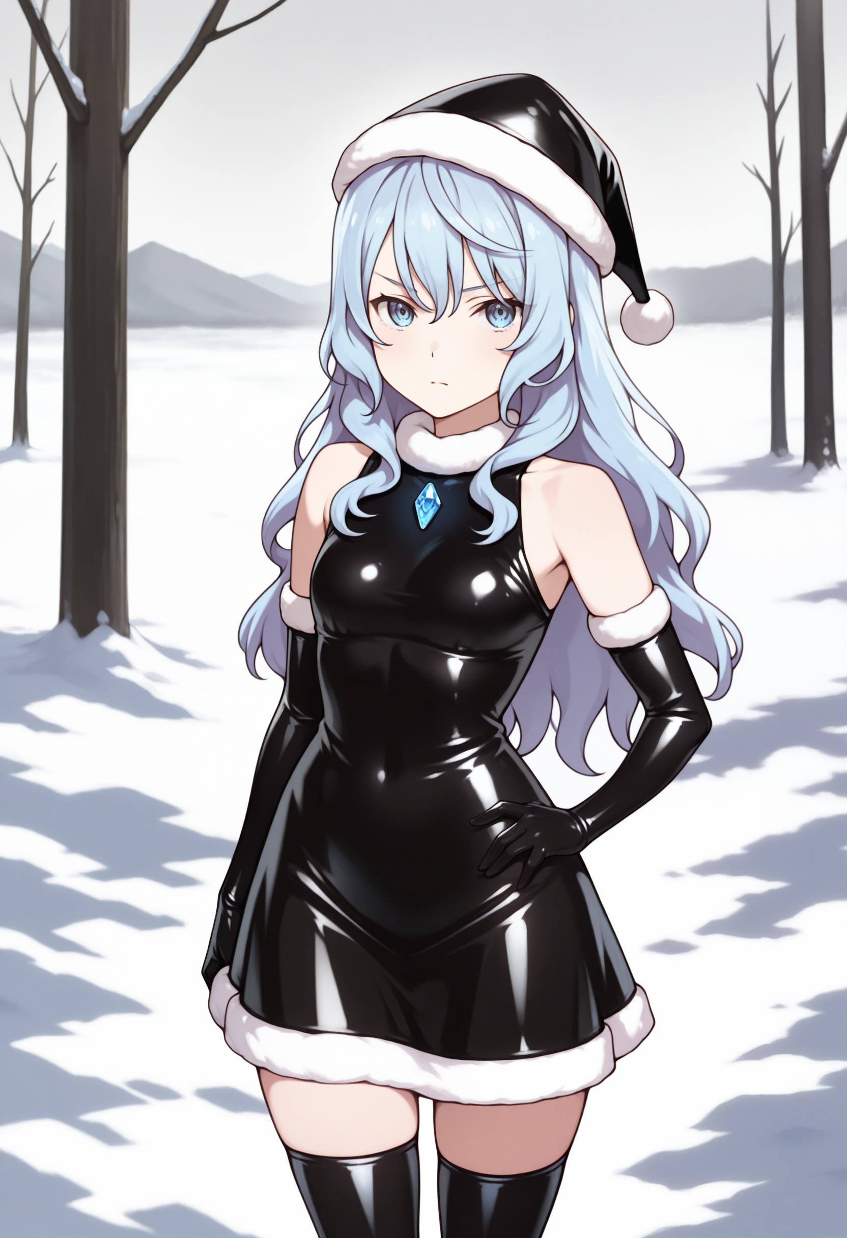 best quality, masterpiece \(quality\),
liselotte cretia, 
serious, closed mouth,
1girl, solo,
black latex, sleeveless dress, santa hat, thighhighs, elbow gloves, chest jewel, blue gemstone, santa costume, 
standing, cowboy shot, hand on own hip,
outdoors, snow,
<lora:latex-fantasy-illu-v15mk2-step10560-rank256:0.8> <lora:faux-liselotte-cretia-mixed4-illu-lora-rank128a32-adaf-attn-2024-12-29_17-10-17-save-660-3-0:0.8>