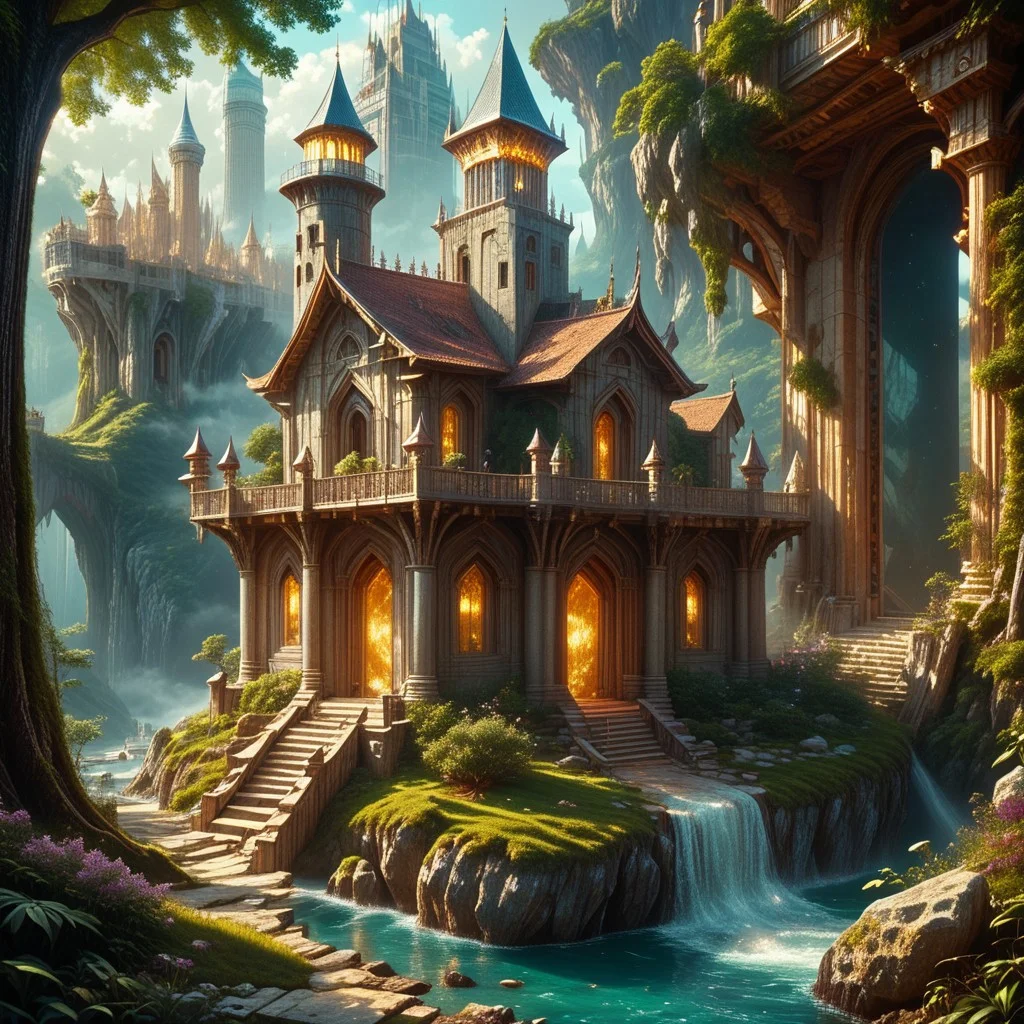 8k,hi res,(surreal,score_9, score_8_up, score_7_up, score_6_up),realistic analog photo,((epiCPhoto)), award winning photo,magnificent, celestial, ethereal, painterly, epic, majestic, magical, fantasy art ,(((The emphasis on the tower))),(forest, high tower with balconies and openwork windows,stone steles, luminous inscriptions (depict a tower with inscriptions),((Materials jade,gold,obsidian,rainbow crystals,water resources, The tower was designed by an architect from mixed materials)) mixed style of architecture (Chinese style)(zen style)(Elven style)),((harmonizes with the environment, nature)),(a warm and cozy place),(clearly realistically detailed pronounced architectural details),((hyper-realistic detailed landscape background designed by a landscape designer)),(hyper-realistic detailed background),