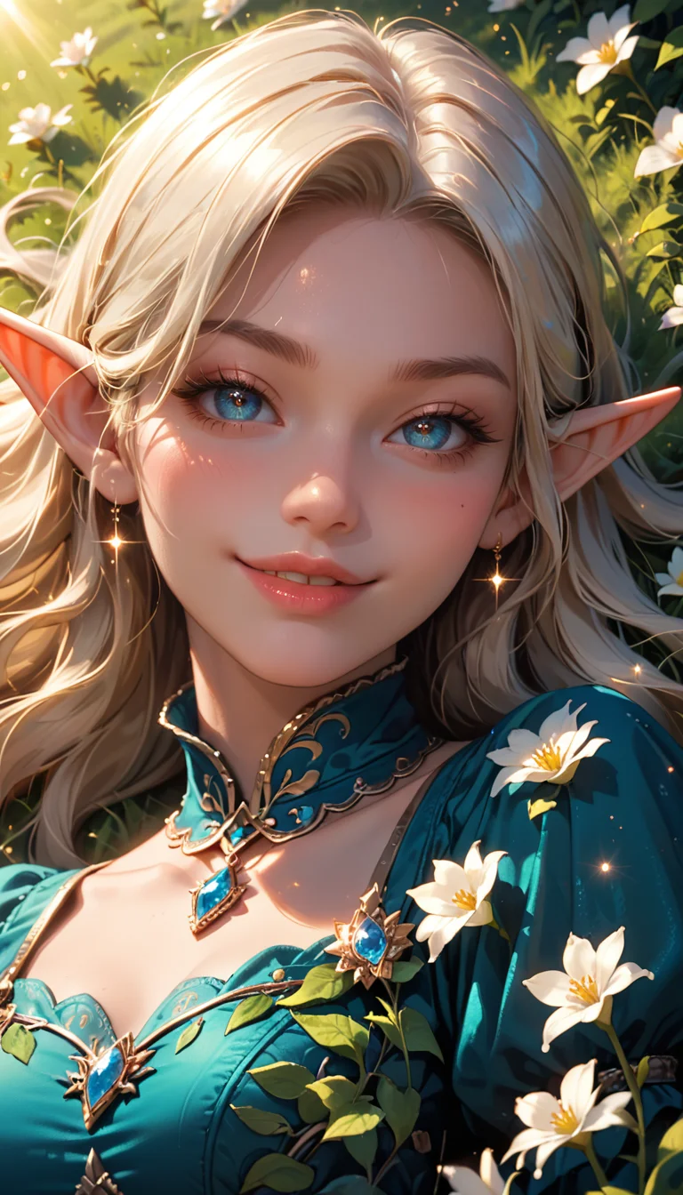 score_9, score_8_up, score_7_up, Portrait, girl, elf adventurer, lying down in a field of white flowers, cute, seductive, innocent, light smile:0.3, plump lips, slender body, foliage dress, looking at viewer, smug, smirk, blushing, volumetric lighting, sunbeam, soft lighting, mystical, magical, rim lighting, fantasy, sparkle, glittering, 4n1v3rs3, depth of field, dynamic angle, fashion photography, sharp, hyperdetailed:1.15