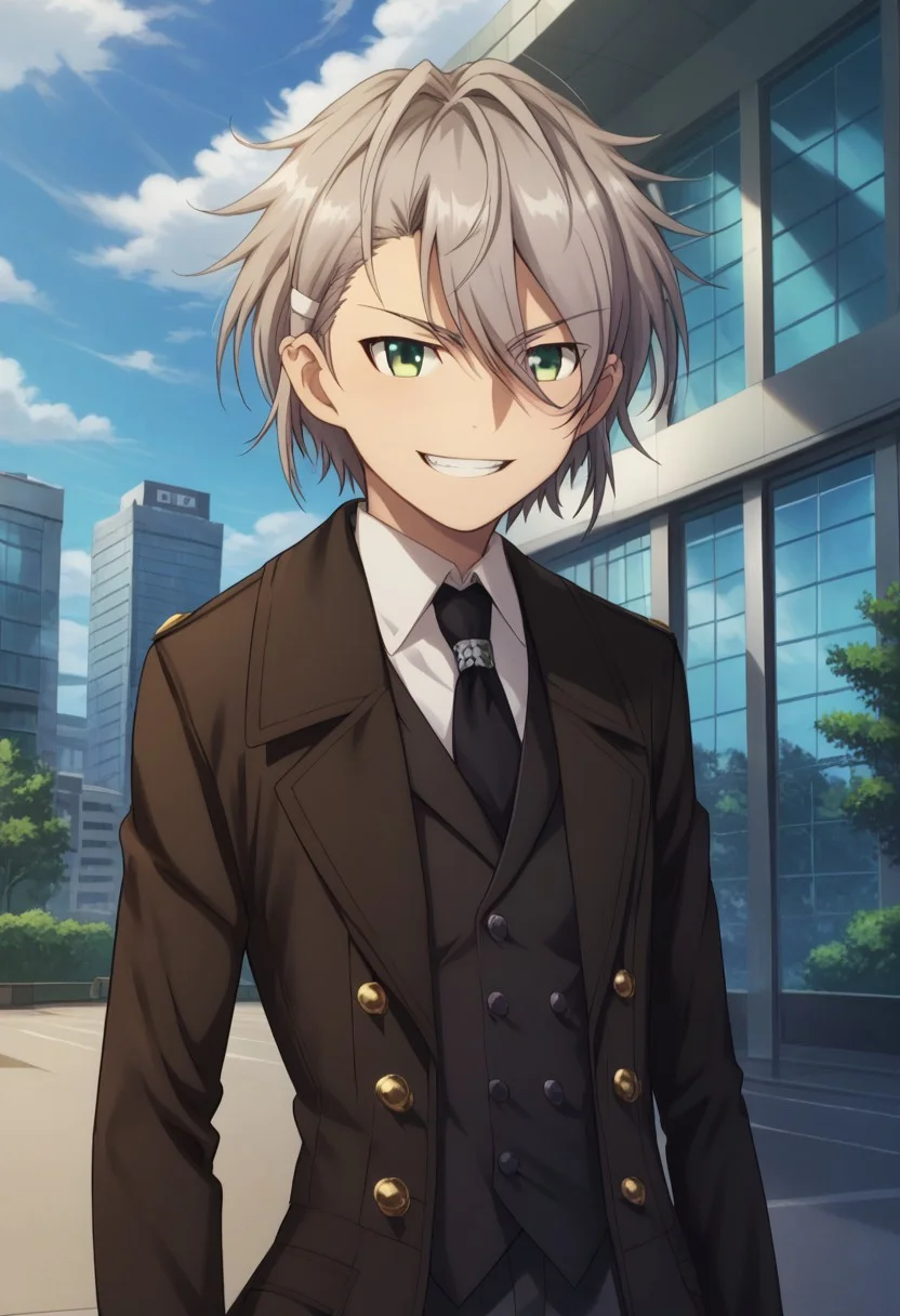 score_9, score_8_up, score_7_up, source_anime, highly detailed,
sukuna, 1boy, male focus, solo, grey hair, hair between eyes, hair ornament, green eyes, shirt, collared shirt, white shirt, necktie, vest, jacket, long sleeves, grin, looking at viewer
outdoor, sky, clouds, buildings