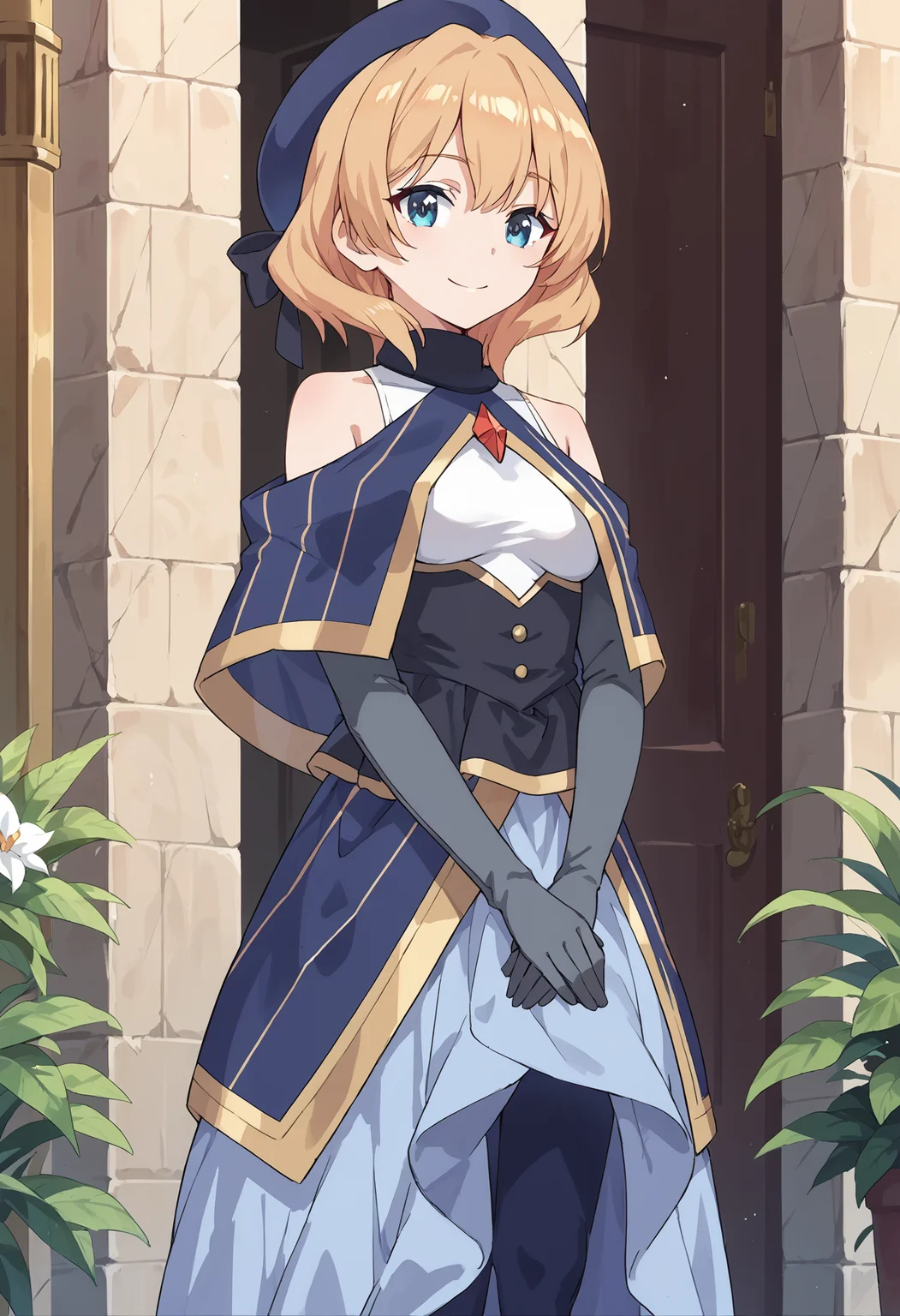 score_9, score_8_up, score_7_up, score_6_up, source_anime, , konosubarain, 1girl, solo, blonde hair, short hair, blue dress, looking at viewer, elbow gloves, capelet, bare shoulders, own hands together, , beret, standing, blue eyes, smile, closed mouth, hat ribbon, v arms, red brooch, pantyhose,white leotard, <lora:konosuba_rain_pony:1> palace, cowboy shot, open mouth, closed mouth,