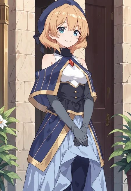 score_9, score_8_up, score_7_up, score_6_up, source_anime, , konosubarain, 1girl, solo, blonde hair, short hair, blue dress, looking at viewer, elbow gloves, capelet, bare shoulders, own hands together, , beret, standing, blue eyes, smile, closed mouth, hat ribbon, v arms, red brooch, pantyhose,white leotard, <lora:konosuba_rain_pony:1> palace, cowboy shot, open mouth, closed mouth,