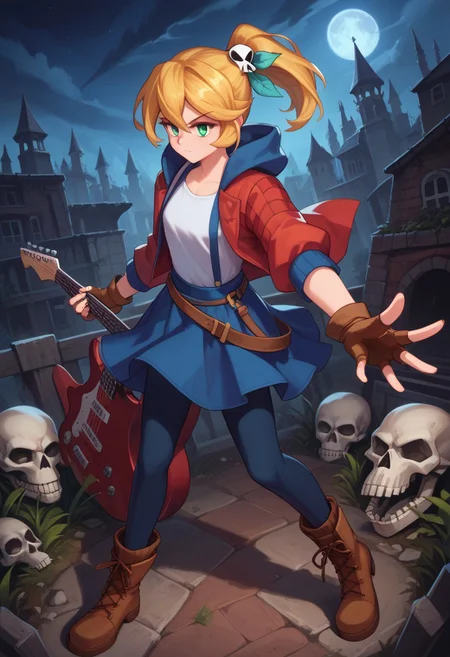 score_9, score_8_up, score_8, 1girl, electric guitar, holding guitar, field of view, dynamic pose, dynamic angle, detailed backgrounding , standing in crypt, dark crypt, nighttime, moonlight,
rift cadence, rift cadence, solo, skirt, blonde hair, shirt, hair ornament (skull), gloves, green eyes, jacket, suspenders, ponytail, pantyhose, boots, open clothes, belt, hood, fingerless gloves, open jacket, blue skirt, brown footwear, red jacket, brown gloves, (masterpiece, detailed:1.2), Dark Fantasy page