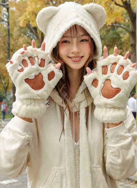 (1girl:1.5),(solo:1.2),masterpiece,best quality,highly detailed,photo realistic,
nice hands,perfect hands,walking on street,(slight smile:1.2),(park background),white cat paw gloves,(waving at viewer:1.3),<lora:CatPawGlovesXL:1>,white detailed bodysuit,hood,twin drills,