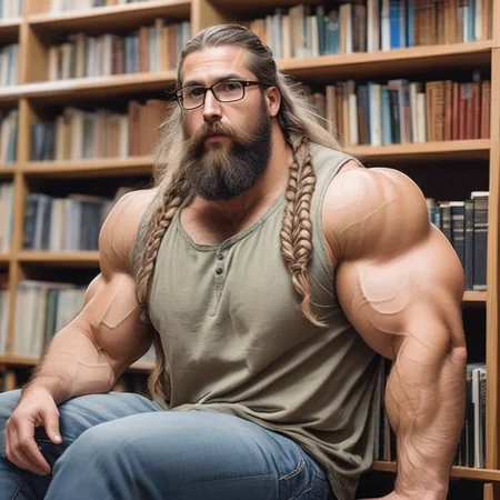 (best quality), (masterpiece), ultra-detailed, illustration, a scene involving one (amzn_mscles) bearded man, looking at viewer, 30 year old, long brown braided hair, wearing glasses, (loose oversized sleeveless crop top and loose jeans), (piercings), wearing brown leather boots, library, reading book, dynamic light, long blonde hair,Canadian face, 8k uhd, dslr, soft lighting, high quality, film grain, Fujifilm XT3, sharp focus, F/8.0, (long shot:1.2), <lora:amzn_mscles_64:1>