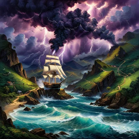 Oil pastel landscape scene where sea waterspout storm with lightning is the focal point. The storm dominates the skyscape while in the foreground a tall pirate sailboat in a steep mountain pass. ((Highest quality: 1.0), (High resolution: 1.0), (masterpiece: 1.0), beautiful and aesthetic: 1.3), extremely detailed, colorful, very detailed, ((ultra-detailed)), (highly detailed CG illustration), ((Dark and purple hues, shadow, mysterious,)),