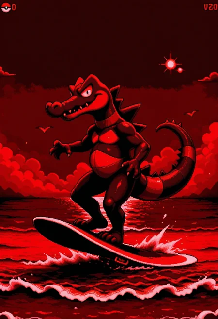 vbstyle, pixel art, red theme, masterpiece, best quality, very aesthetic, newest, 2024, 1boy, Krookodile (Pokémon), sexy pose, seductive look, wearing surf shorts, surfing, ocean, beach