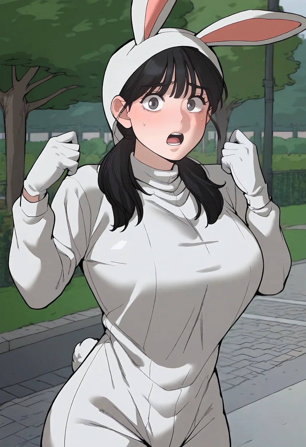 score_9, score_8_up, score_7_up, score_6_up, source_anime, rating_explicit, 1girl, (solo:1.1), huge breasts, <lora:Oh Chunsim prefectPonyxl2:1> black hair, low twintails, black eyes, long hair, grey eyes, hair over shoulder, fake animal ears, rabbit costume, rabbit hood, hood up, long sleeves, white gloves, embarrassed, surprised, open mouth, park, outdoors, looking at viewer, standing, open hand, hands up