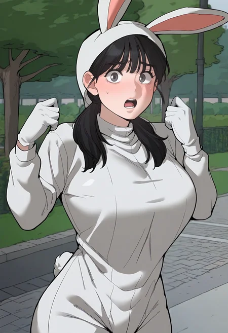 score_9, score_8_up, score_7_up, score_6_up, source_anime, rating_explicit, 1girl, (solo:1.1), huge breasts, <lora:Oh Chunsim prefectPonyxl2:1> black hair, low twintails, black eyes, long hair, grey eyes, hair over shoulder, fake animal ears, rabbit costume, rabbit hood, hood up, long sleeves, white gloves, embarrassed, surprised, open mouth, park, outdoors, looking at viewer, standing, open hand, hands up