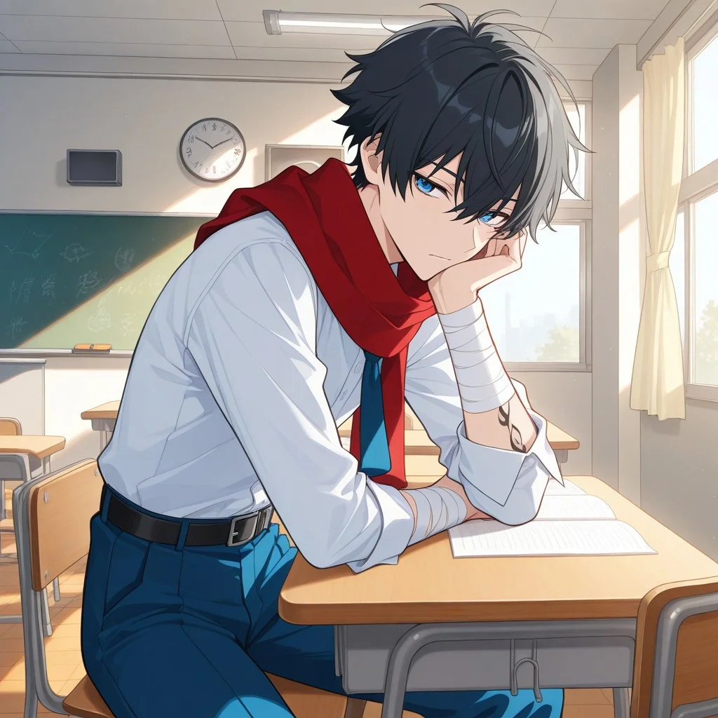 score_9, score_8_up, score_7_up, score_6_up, highly detailed, masterpiece, best quality, detailed, intricate details, amazing quality, best aesthetic, absurdres, source_anime, male focus, 1boy, red scarf, school uniform, blue necktie, blue pants, white shirt, bandaged arm, black hair, blue eyes, male focus, yellow scarf, tattoo, short hair, Classroom, blackboard, desk, chair, window, curtain, clock, masterpiece, best quality, ultra-detailed, illustration, an extremely delicate and beautiful, beautiful detailed eyes,unity 8k wallpaper, high resolution, anime CG, official_art,