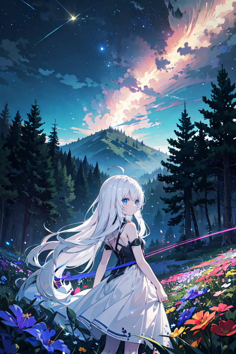 (masterpiece), 1girl, (absurdly long hair:1.2), ahoge, white hair, blue eyes, pale skin, expressionless, flat chest, from back, white dress, forest, tree, scenery, fantasy, crystals, light particles, glowing, flower, flower fields, night, star, milkyway, nebular, cowboy shot
