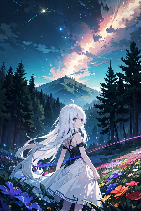 (masterpiece), 1girl, (absurdly long hair:1.2), ahoge, white hair, blue eyes, pale skin, expressionless, flat chest, from back, white dress, forest, tree, scenery, fantasy, crystals, light particles, glowing, flower, flower fields, night, star, milkyway, nebular, cowboy shot
